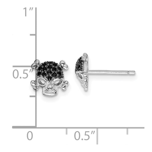 Rhodium-plated Sterling Silver Black CZ Skull Post Earrings