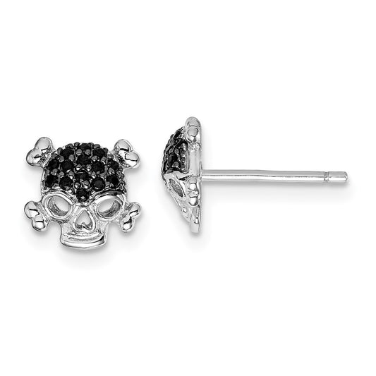 Rhodium-plated Sterling Silver Black CZ Skull Post Earrings