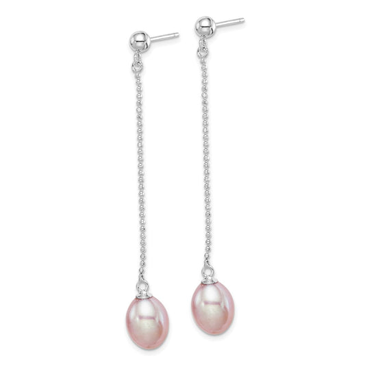 Rhodium-plated Silver 7-8mm Purple Drop FWC Pearl Post Dangle Earrings