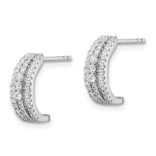 Rhodium-plated Sterling Silver 3-Row CZ C-Hoop Post Earrings