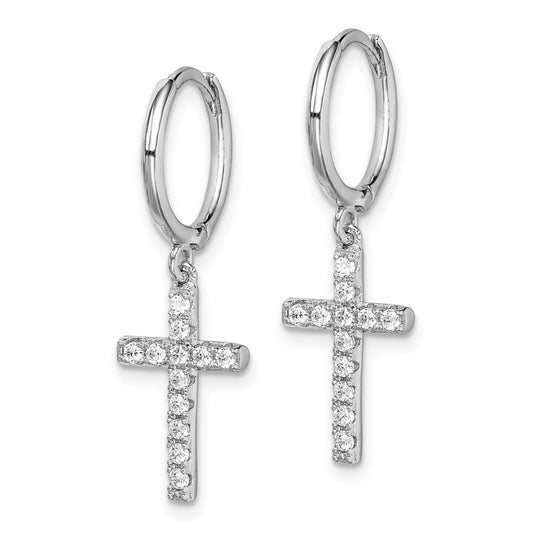 Rhodium-plated Sterling Silver CZ Cross Hinged Hoop Earrings