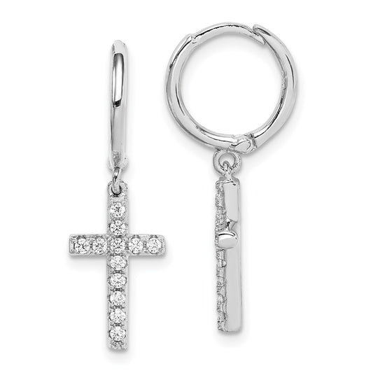 Rhodium-plated Sterling Silver CZ Cross Hinged Hoop Earrings