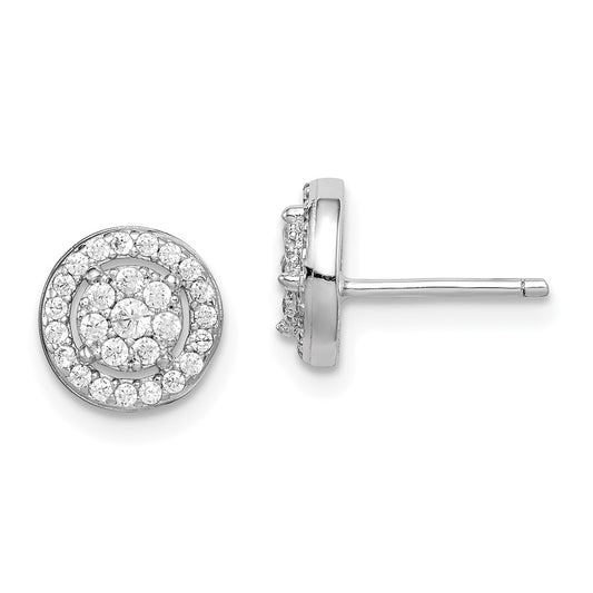 Rhodium-plated Sterling Silver Pave CZ Halo Post Earrings