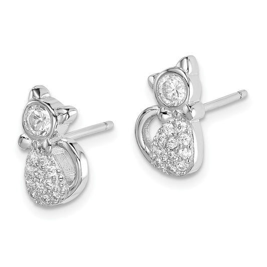 Rhodium-plated Sterling Silver Polished CZ Cat Post Earrings