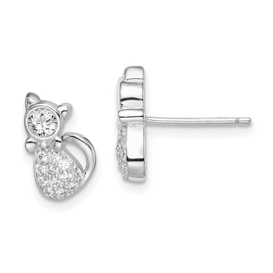 Rhodium-plated Sterling Silver Polished CZ Cat Post Earrings