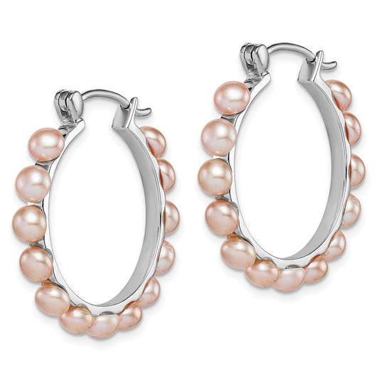 Rhodium-plated Sterling Silver 4-5mm Pink FWC Pearl Hoop Earrings