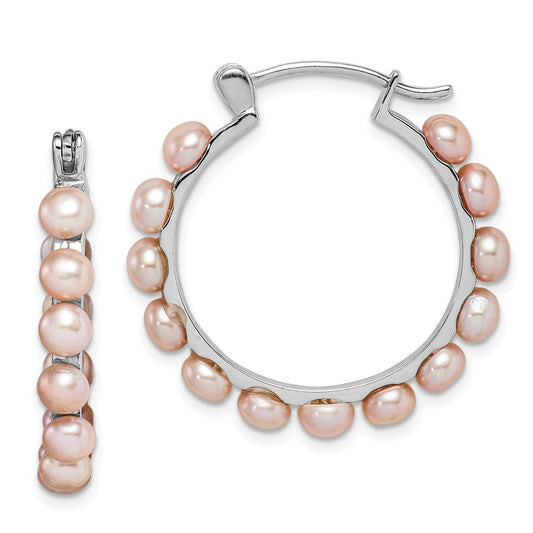 Rhodium-plated Sterling Silver 4-5mm Pink FWC Pearl Hoop Earrings