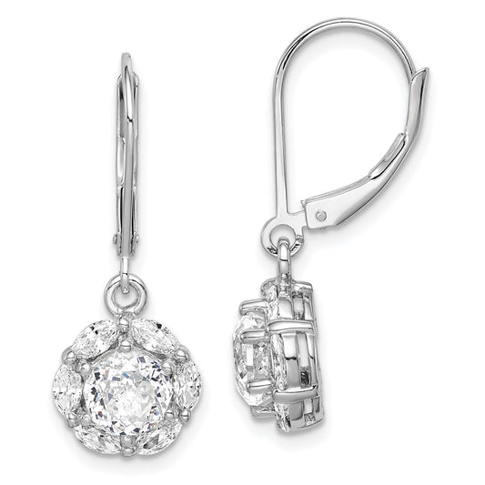 Rhodium-plated Sterling Silver 6mm CZ Halo Leverback Earrings