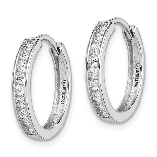 Rhodium-plated Sterling Silver CZ 3x16mm Hinged Hoop Earrings