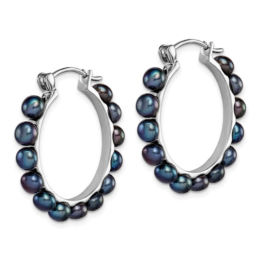 Rhodium-plated Sterling Silver 4-5mm Black FWC Pearl Hoop Earrings