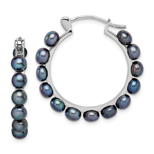 Rhodium-plated Sterling Silver 4-5mm Black FWC Pearl Hoop Earrings