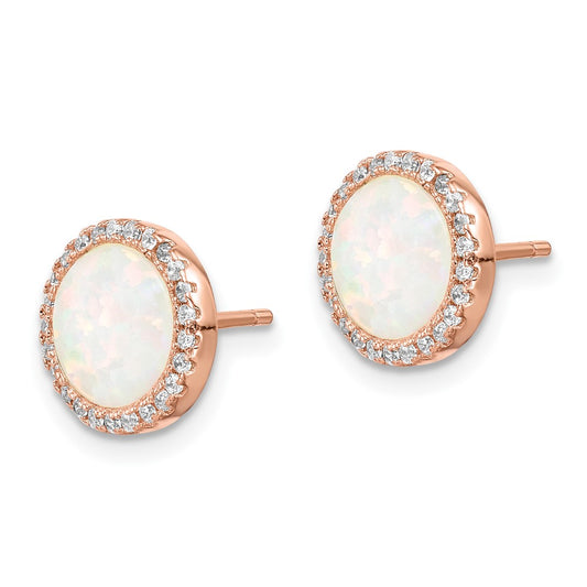 Rose Gold-plated Sterling Silver Round Created Opal CZ Halo Earrings