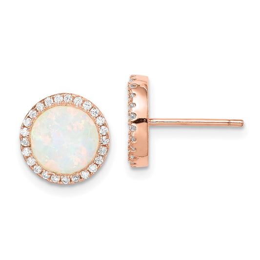 Rose Gold-plated Sterling Silver Round Created Opal CZ Halo Earrings