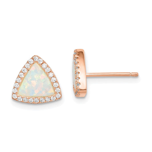 Rose Gold-plated Sterling Silver Created Opal and CZ Halo Post Earrings