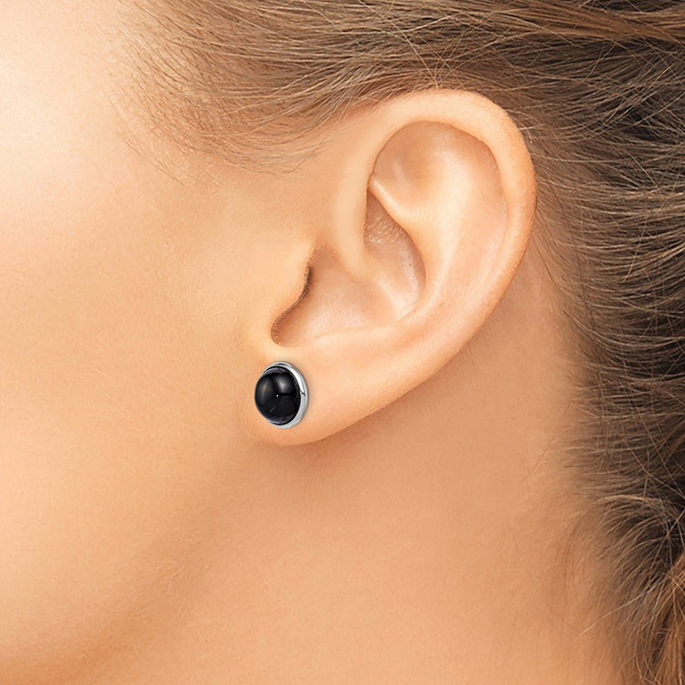 Rhodium-plated Sterling Silver 10mm Onyx Cabochon Post Earrings