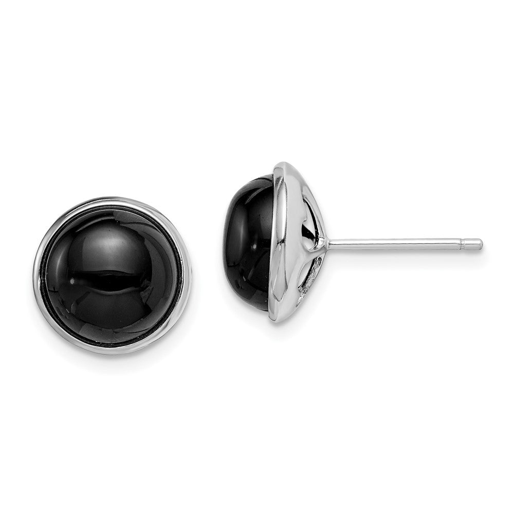 Rhodium-plated Sterling Silver 10mm Onyx Cabochon Post Earrings