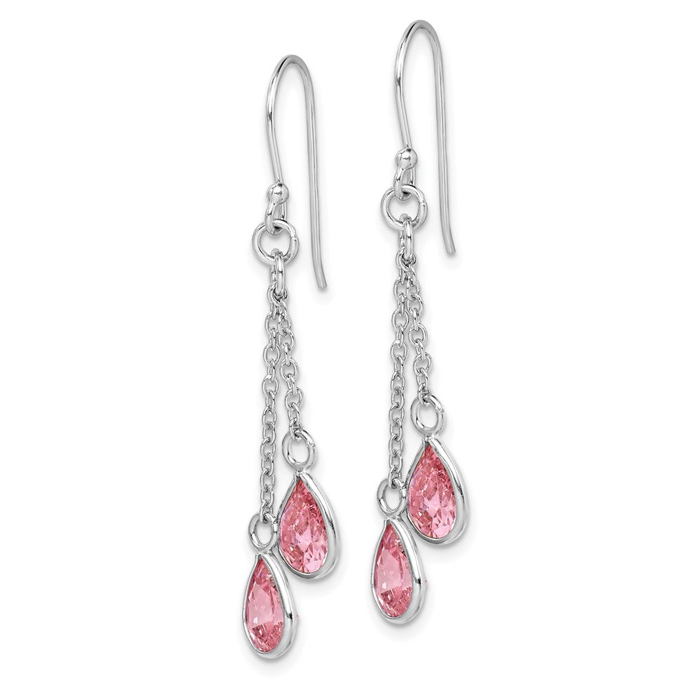 Rhodium-plated Sterling Silver Pink CZ Teardrop Dangle Earrings