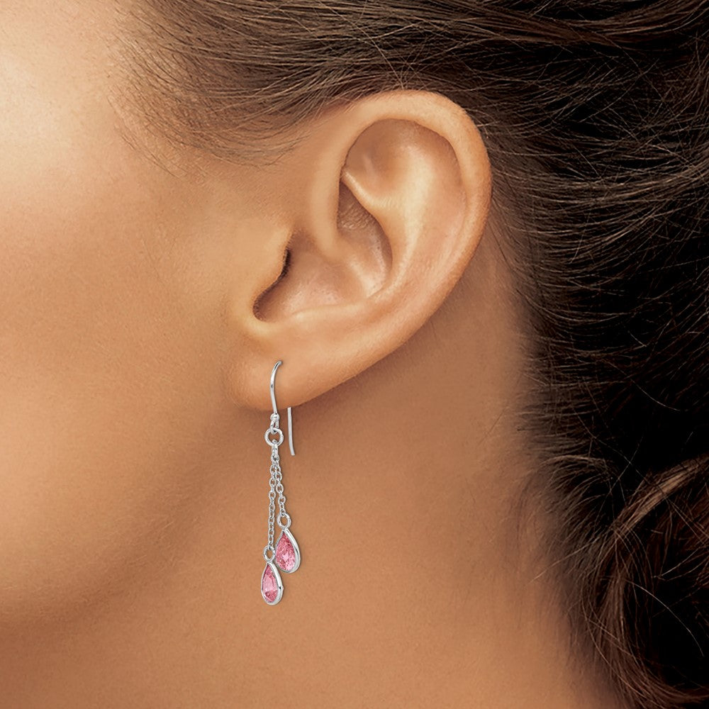 Rhodium-plated Sterling Silver Pink CZ Teardrop Dangle Earrings