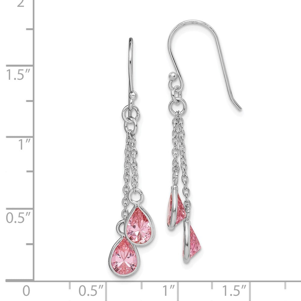 Rhodium-plated Sterling Silver Pink CZ Teardrop Dangle Earrings