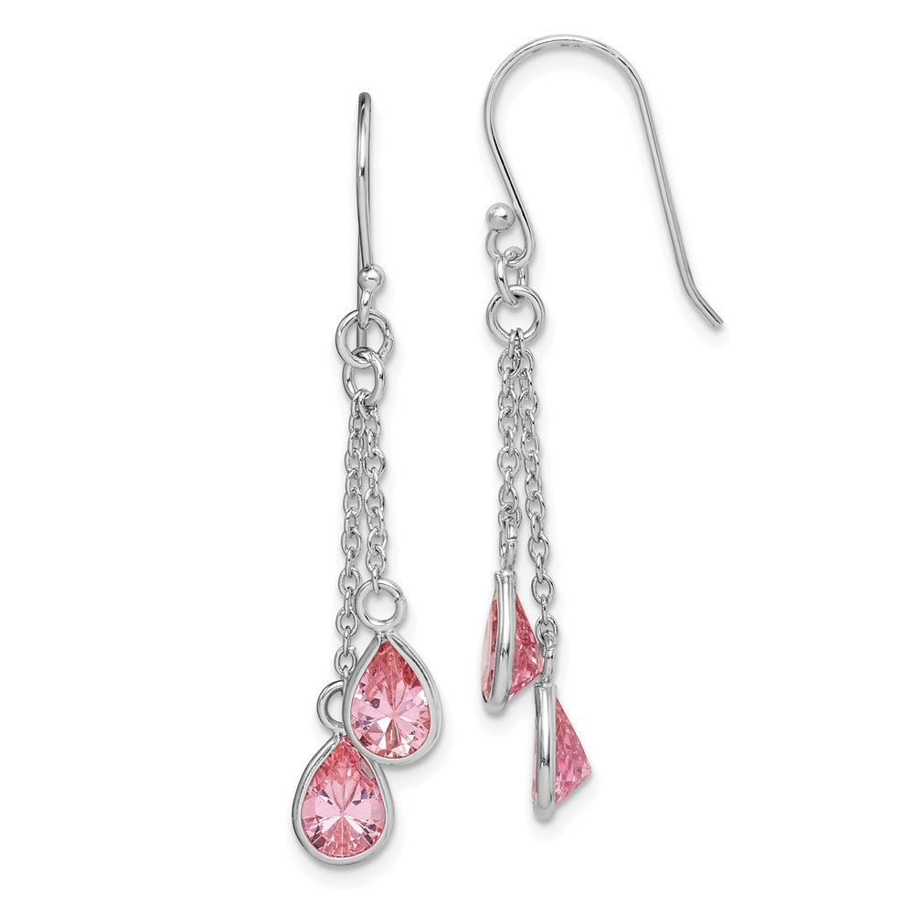 Rhodium-plated Sterling Silver Pink CZ Teardrop Dangle Earrings