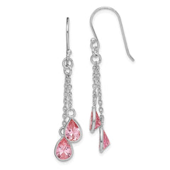 Rhodium-plated Sterling Silver Pink CZ Teardrop Dangle Earrings