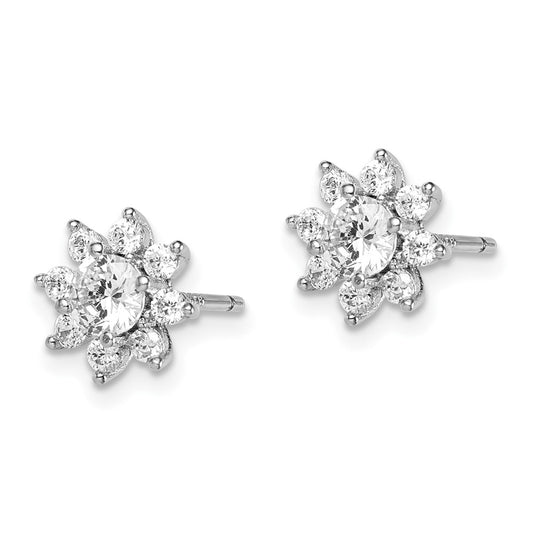 Rhodium-plated Sterling Silver Polished CZ Flower Post Earrings