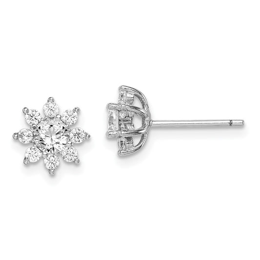 Rhodium-plated Sterling Silver Polished CZ Flower Post Earrings