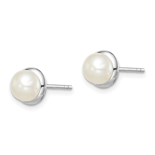 Rhodium-plated Sterling Silver 6-7mm White Button FWC Pearl Earrings