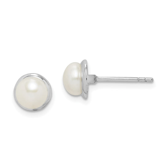 Rhodium-plated Sterling Silver 6-7mm White Button FWC Pearl Earrings