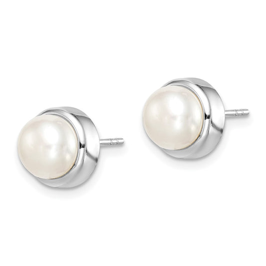 Rhodium-plated Sterling Silver 7-8mm White Button FWC Pearl Earrings