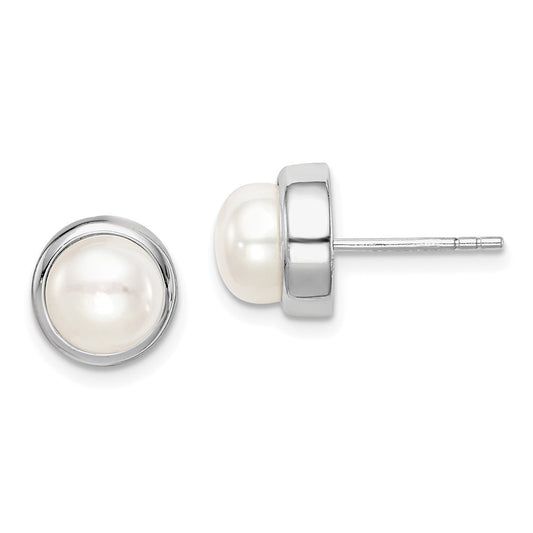 Rhodium-plated Sterling Silver 7-8mm White Button FWC Pearl Earrings