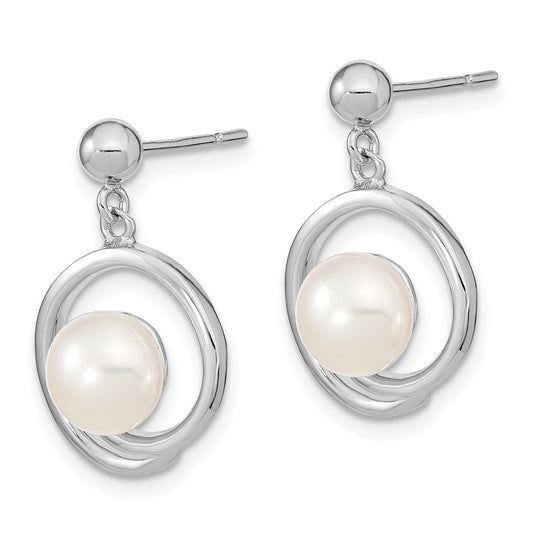 Rhodium-plated Sterling Silver 7-8mm White Button FWC Pearl Earrings