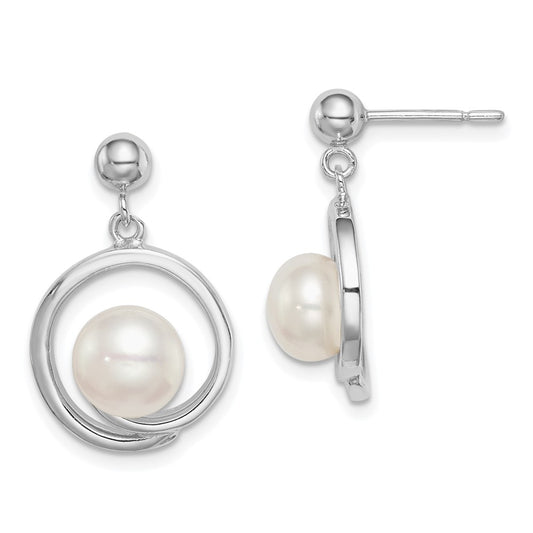 Rhodium-plated Sterling Silver 7-8mm White Button FWC Pearl Earrings