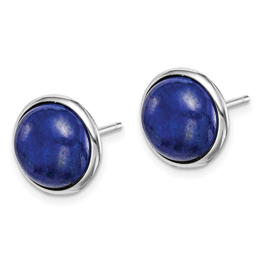 Rhodium-plated Sterling Silver 10mm Lapis Cabochon Post Earrings