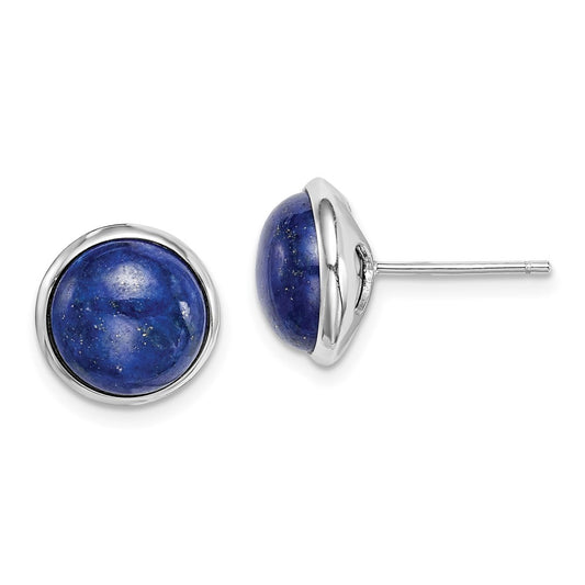 Rhodium-plated Sterling Silver 10mm Lapis Cabochon Post Earrings