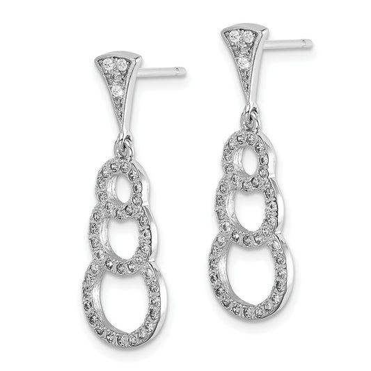 Rhodium-plated Sterling Silver CZ 3-Circles Dangle Post Earrings