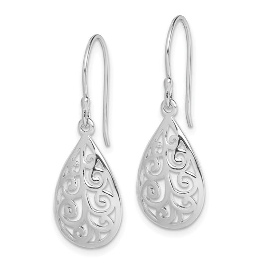 Rhodium-plated Sterling Silver Filigree Teardrop Dangle Earrings