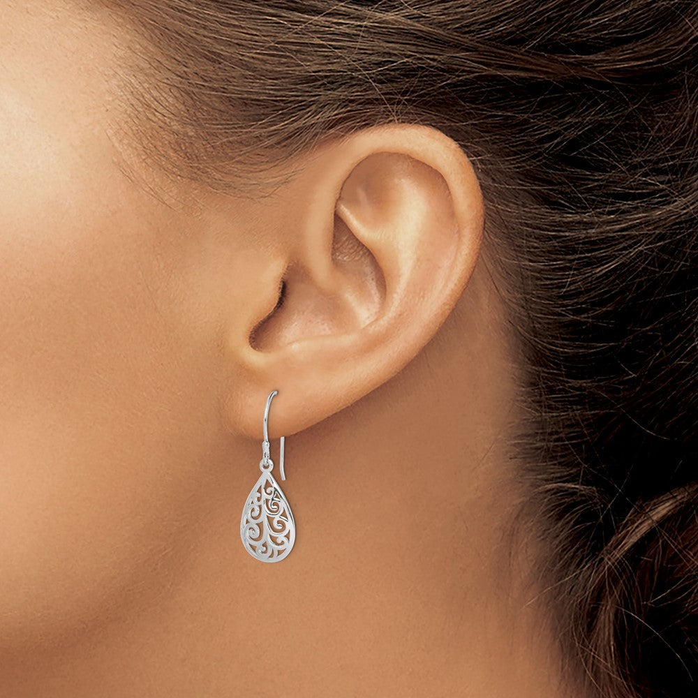 Rhodium-plated Sterling Silver Filigree Teardrop Dangle Earrings