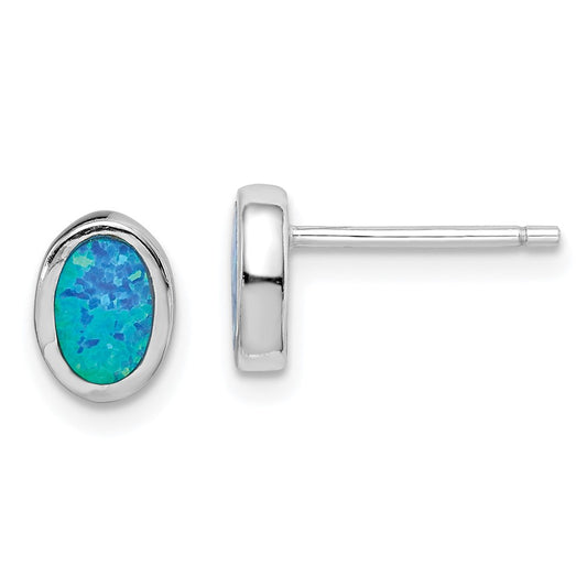 Rhodium-plated Sterling Silver Imitation Opal Oval Post Earrings