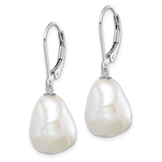 Rhodium-plated Sterling Silver 11-12mm Keshi Pearl Leverback Earrings