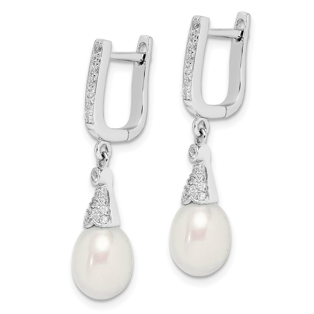 Rhodium-plated Sterling Silver 7-8mm White Rice FWC Pearl CZ Earrings