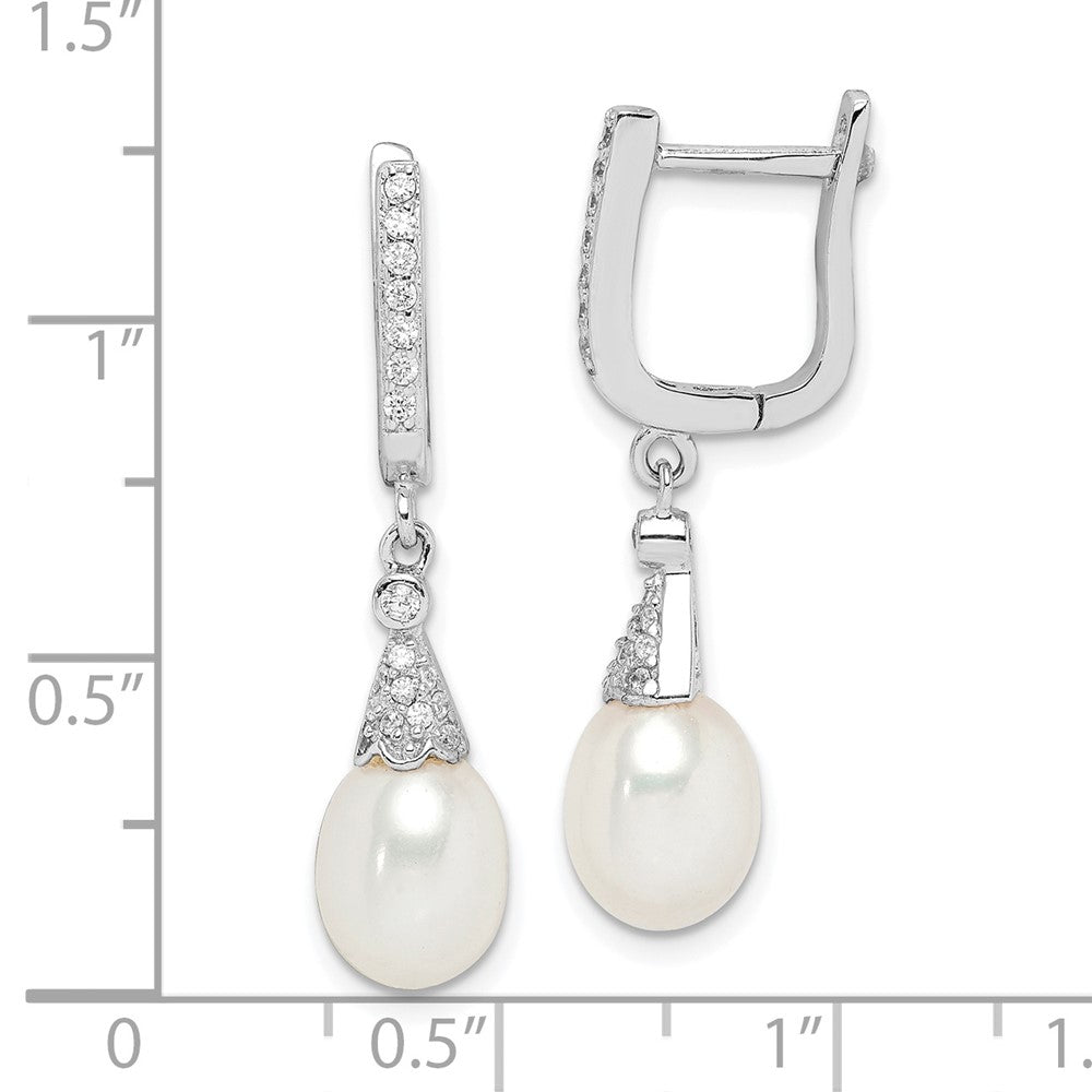 Rhodium-plated Sterling Silver 7-8mm White Rice FWC Pearl CZ Earrings