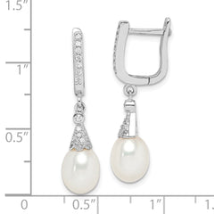 Rhodium-plated Sterling Silver 7-8mm White Rice FWC Pearl CZ Earrings