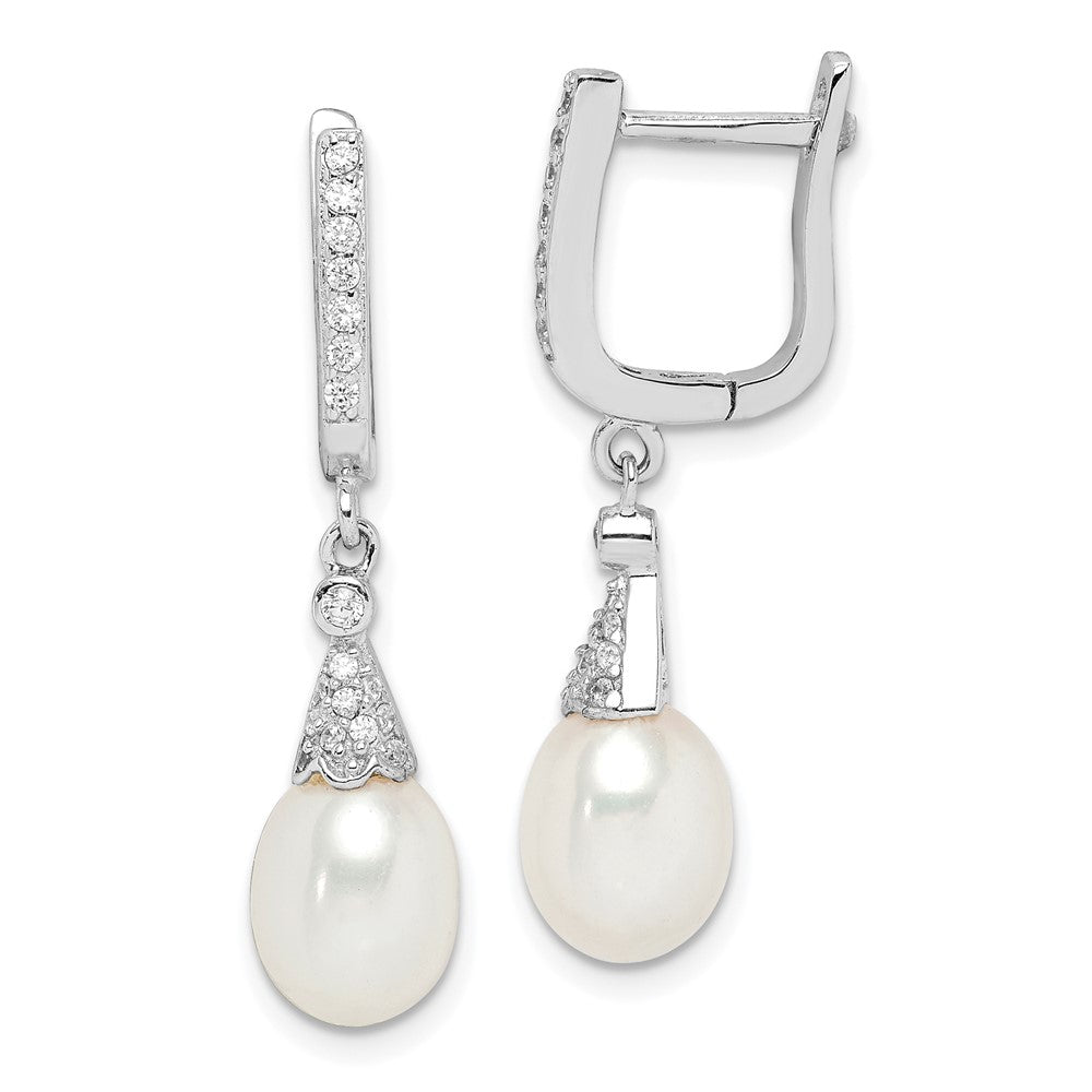 Rhodium-plated Sterling Silver 7-8mm White Rice FWC Pearl CZ Earrings