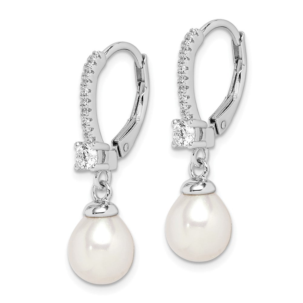 Rhodium-plated Sterling Silver 7-8mm White Rice FWC Pearl CZ Earrings