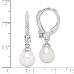 Rhodium-plated Sterling Silver 7-8mm White Rice FWC Pearl CZ Earrings