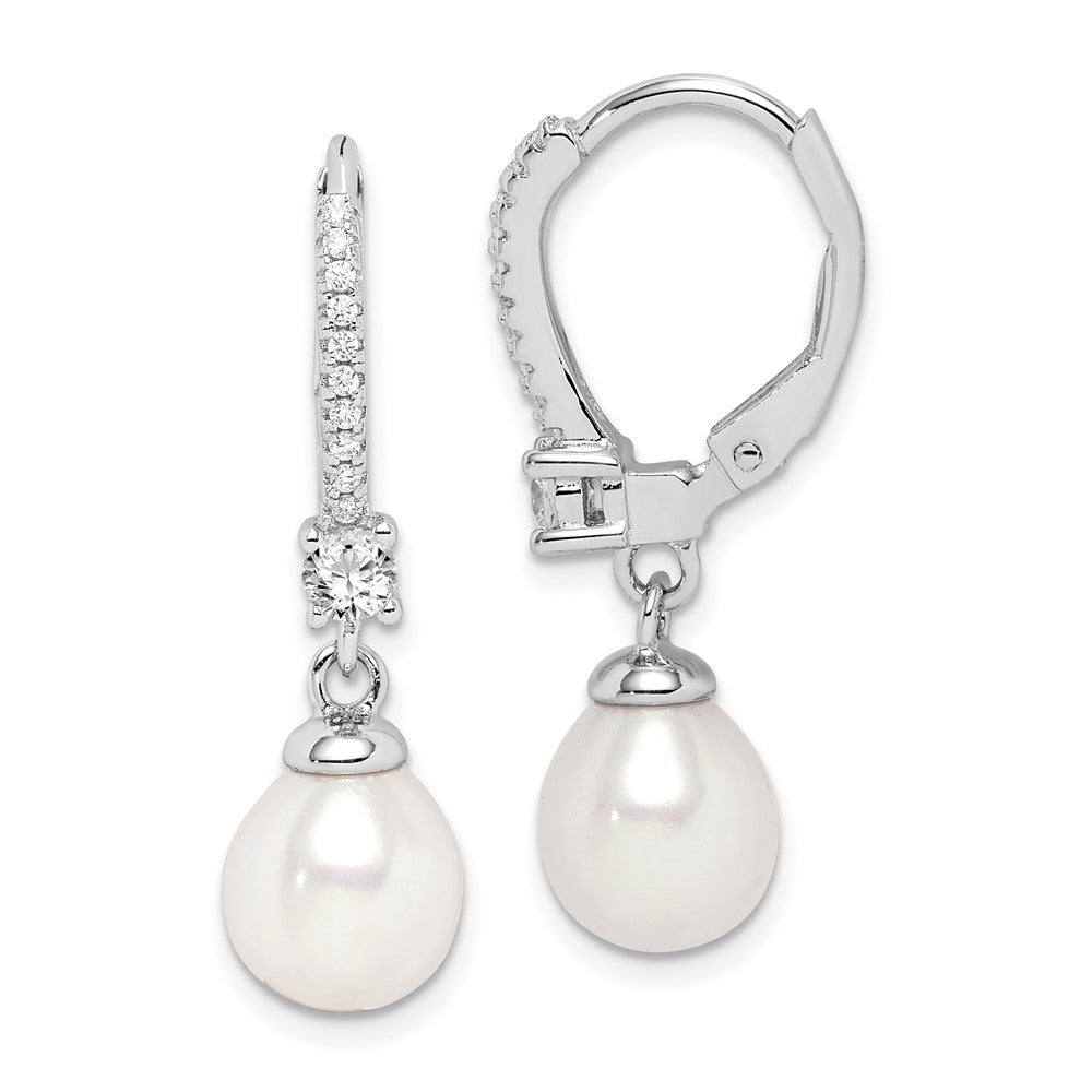 Rhodium-plated Sterling Silver 7-8mm White Rice FWC Pearl CZ Earrings