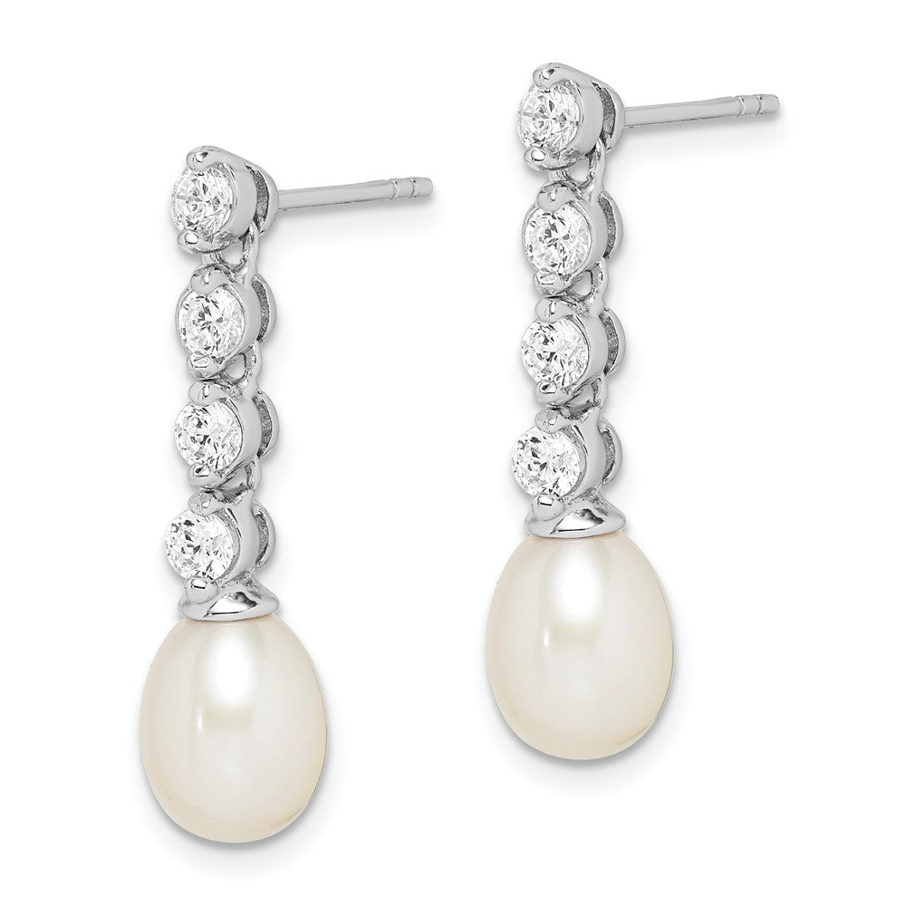 Rhodium-plated Sterling Silver 7-8mm White Rice FWC Pearl CZ Earrings