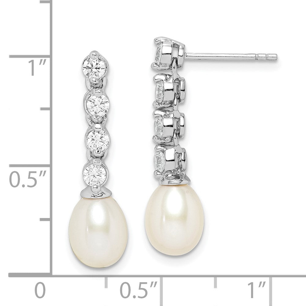 Rhodium-plated Sterling Silver 7-8mm White Rice FWC Pearl CZ Earrings