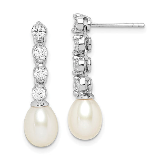 Rhodium-plated Sterling Silver 7-8mm White Rice FWC Pearl CZ Earrings